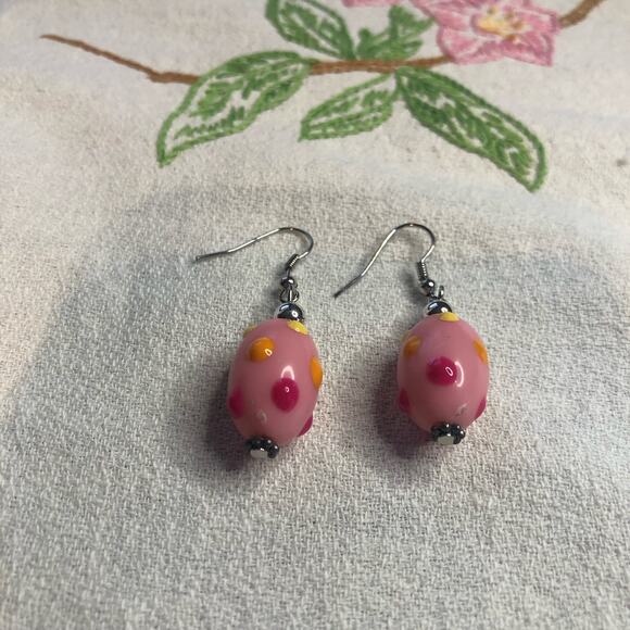 Pink Pastel Polka Dotted Lampwork Bead Earrings Dangle NWT - Picture 1 of 6